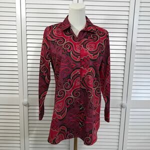 Chico’s Red Paisley Swirls No Iron Tunic Blouse 0P Career Work